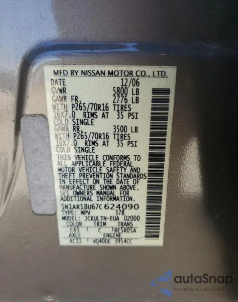 2007 Nissan Pathfinder Le из США, поврежденный, VIN 5N1AR18U67C624090